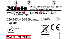 Встраиваемые кофемашины Miele, информационная табличка.